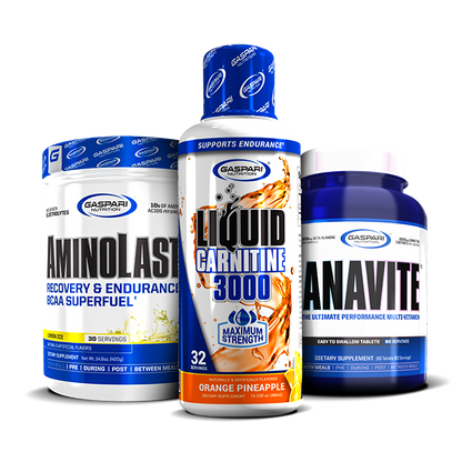 Kick Back & Burn Fat Stack featuring AminoLast BCAA Superfuel, Liquid Carnitine 3000, and Anavite Multi-Vitamin by Gaspari Nutrition. Beautifully displayed together with product labels showing flavor details.