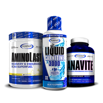 Kick Back & Burn Fat Stack includes AminoLast BCAA Superfuel, Liquid Carnitine 3000 in Blue Raspberry flavor, and Anavite Multi-Vitamin from Gaspari Nutrition.
