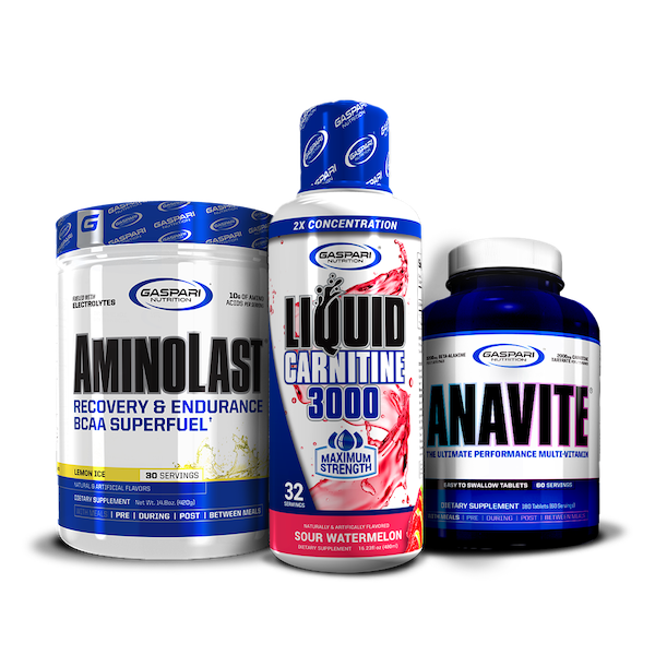 AminoLast, Liquid Carnitine 3000 in Sour Watermelon flavor, and Anavite Multi-Vitamin showcased as part of the Kick Back & Burn Fat Stack by Gaspari Nutrition.