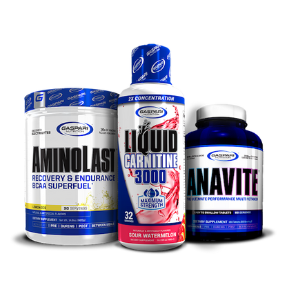AminoLast, Liquid Carnitine 3000 in Sour Watermelon flavor, and Anavite Multi-Vitamin showcased as part of the Kick Back & Burn Fat Stack by Gaspari Nutrition.