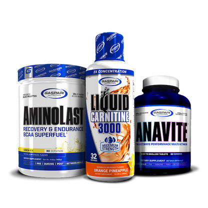 Display of Kick Back & Burn Fat Stack with AminoLast BCAA Superfuel, Liquid Carnitine 3000 flavored Orange Pineapple, and Anavite Multi-Vitamin from Gaspari Nutrition.