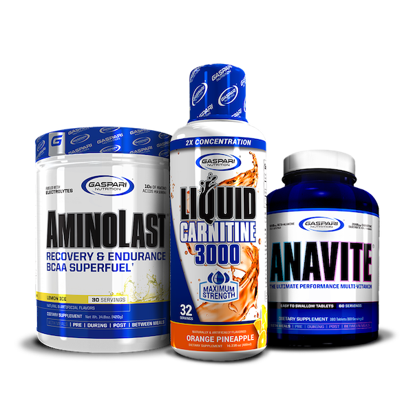Display of Kick Back & Burn Fat Stack with AminoLast BCAA Superfuel, Liquid Carnitine 3000 flavored Orange Pineapple, and Anavite Multi-Vitamin from Gaspari Nutrition.