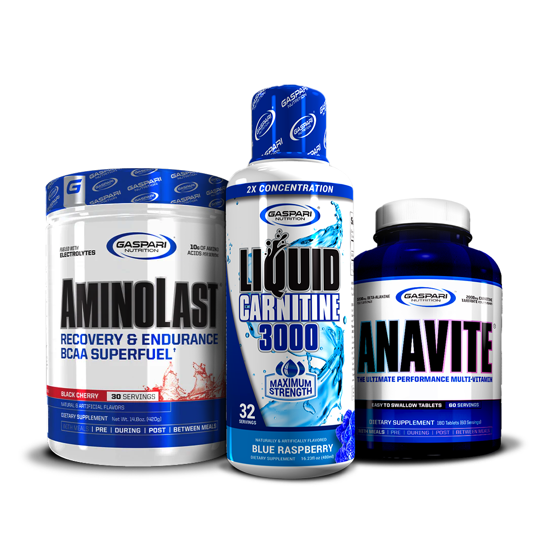 AminoLast, Liquid Carnitine 3000 in Blue Raspberry flavor, and Anavite Multi-Vitamin presented in the Kick Back & Burn Fat Stack by Gaspari Nutrition.