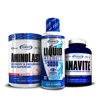 Kick Back & Burn Fat Stack from Gaspari Nutrition featuring AminoLast Superfuel, Liquid Carnitine 3000 in Blue Raspberry flavor, and Anavite Multi-Vitamin.