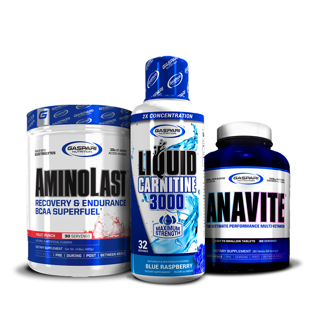 Kick Back & Burn Fat Stack from Gaspari Nutrition featuring AminoLast Superfuel, Liquid Carnitine 3000 in Blue Raspberry flavor, and Anavite Multi-Vitamin.
