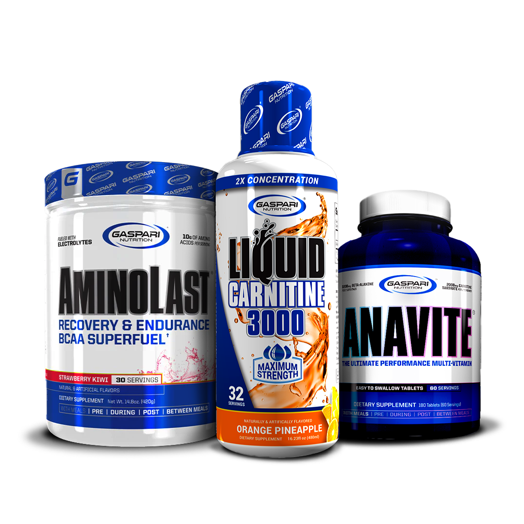 Showcasing the AminoLast BCAA Superfuel, Liquid Carnitine 3000 in Sour Watermelon flavor, and Anavite Multi-Vitamin from the Kick Back & Burn Fat Stack.