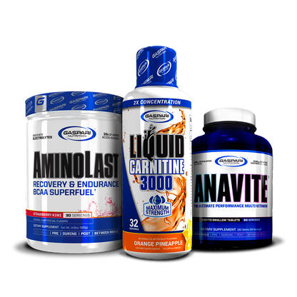 Showcasing the AminoLast BCAA Superfuel, Liquid Carnitine 3000 in Sour Watermelon flavor, and Anavite Multi-Vitamin from the Kick Back & Burn Fat Stack.