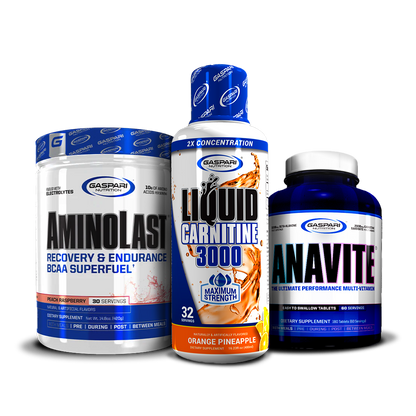 Kick Back & Burn Fat Stack arranged with AminoLast, Liquid Carnitine 3000 in Strawberry Kiwi flavor, and Anavite Multi-Vitamin by Gaspari Nutrition.