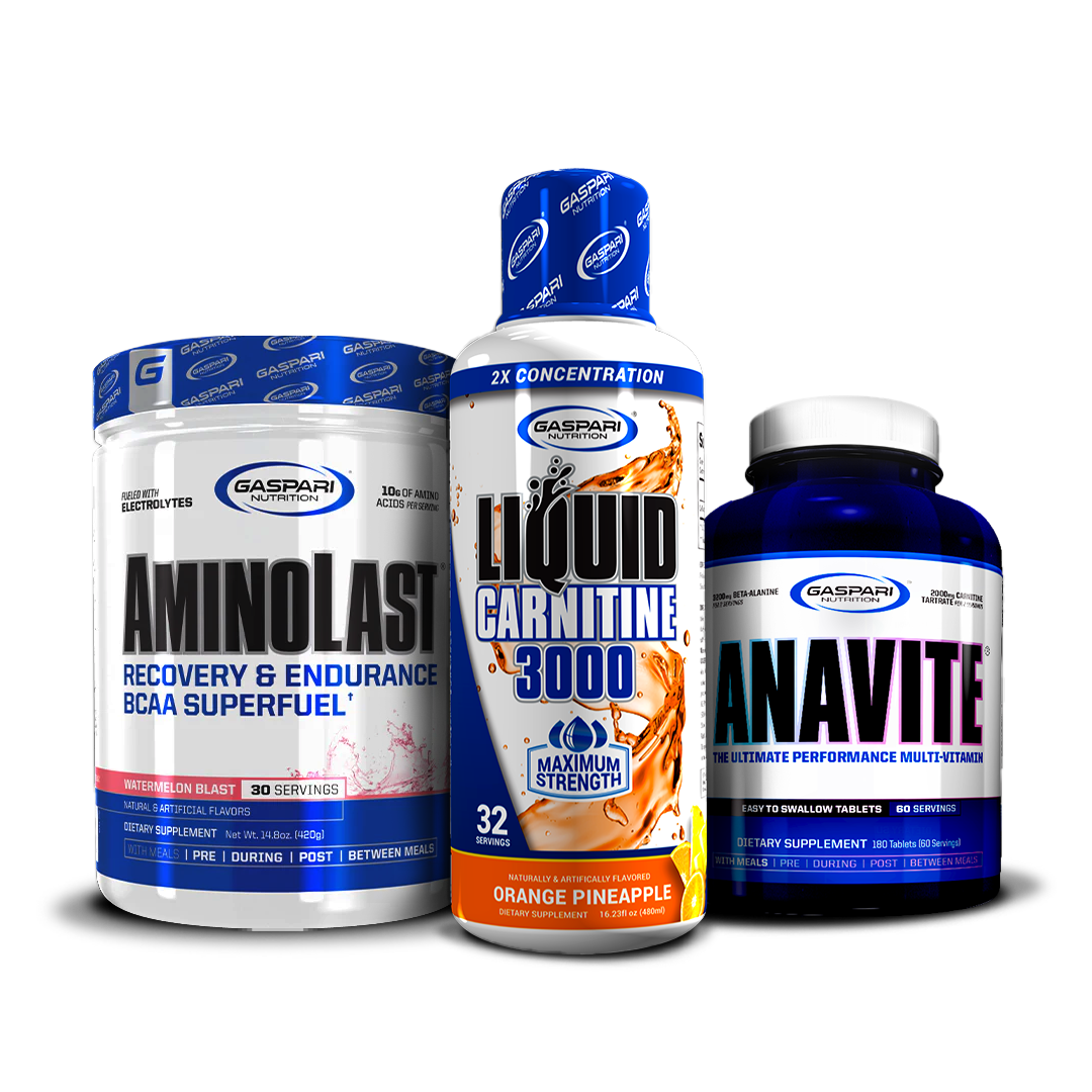 Gaspari Nutrition’s Kick Back & Burn Fat Stack featuring AminoLast BCAA Superfuel, Liquid Carnitine 3000 in Blue Raspberry flavor, and Anavite Multi-Vitamin.