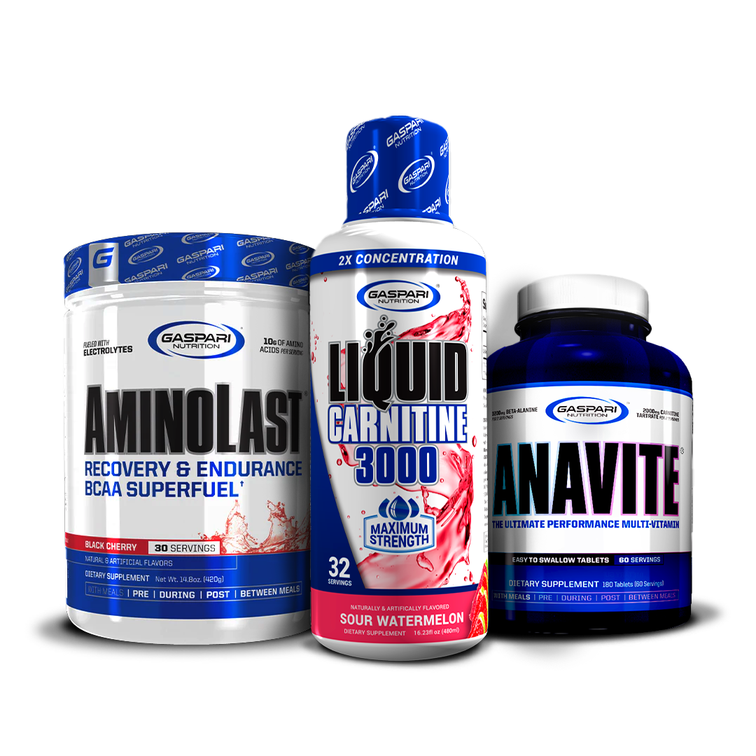 Display of Kick Back & Burn Fat Stack including AminoLast, Liquid Carnitine 3000 in Orange Pineapple flavor, and Anavite Multi-Vitamin from Gaspari Nutrition.