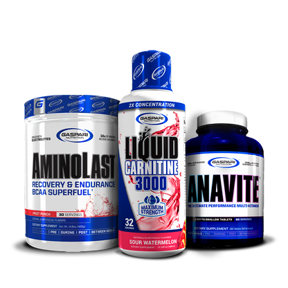 Kick Back & Burn Fat Stack showcased with AminoLast BCAA Superfuel, Liquid Carnitine 3000 in Sour Watermelon flavor, and Anavite Multi-Vitamin by Gaspari Nutrition.