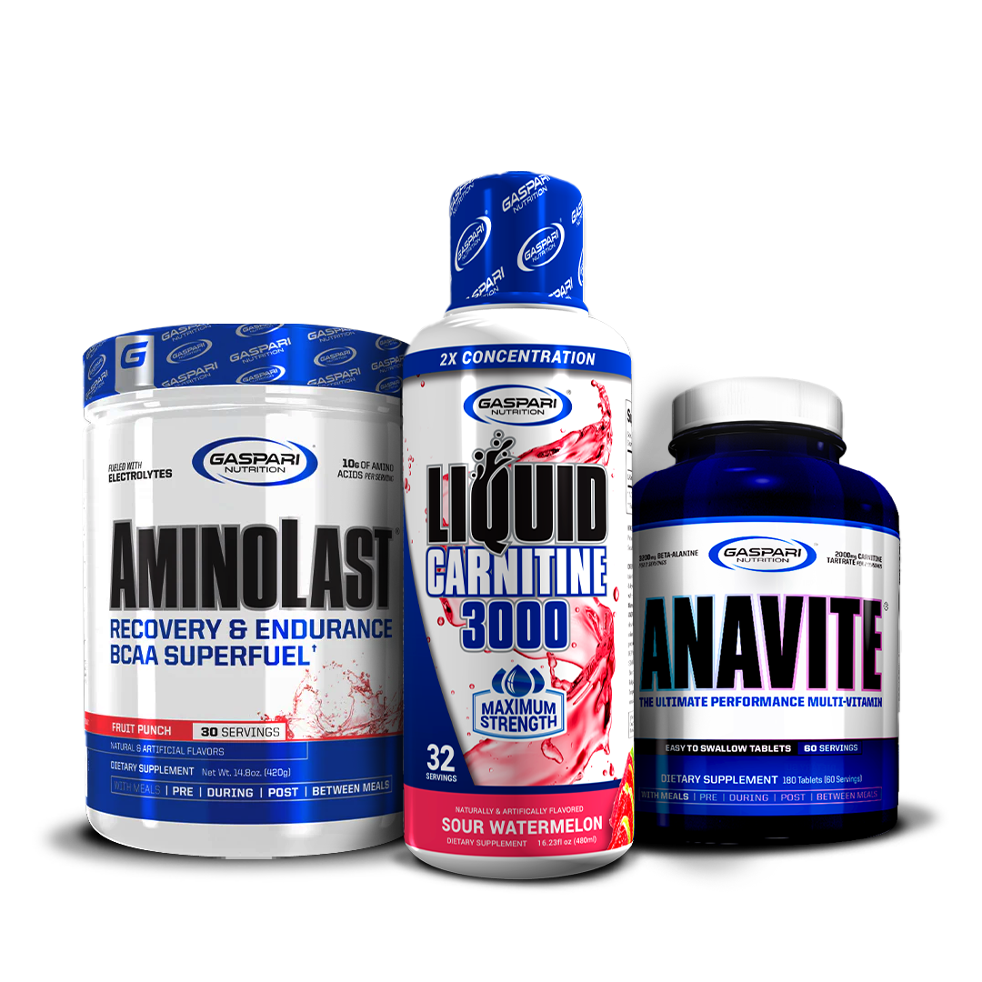 Kick Back & Burn Fat Stack showcased with AminoLast BCAA Superfuel, Liquid Carnitine 3000 in Sour Watermelon flavor, and Anavite Multi-Vitamin by Gaspari Nutrition.