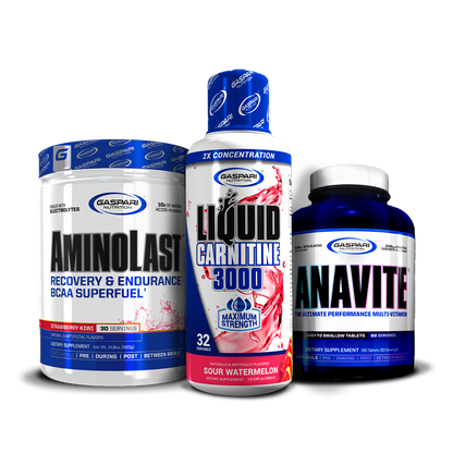 The Kick Back & Burn Fat Stack featuring AminoLast, Liquid Carnitine 3000 in Fruit Punch flavor, and Anavite Multi-Vitamin from Gaspari Nutrition.