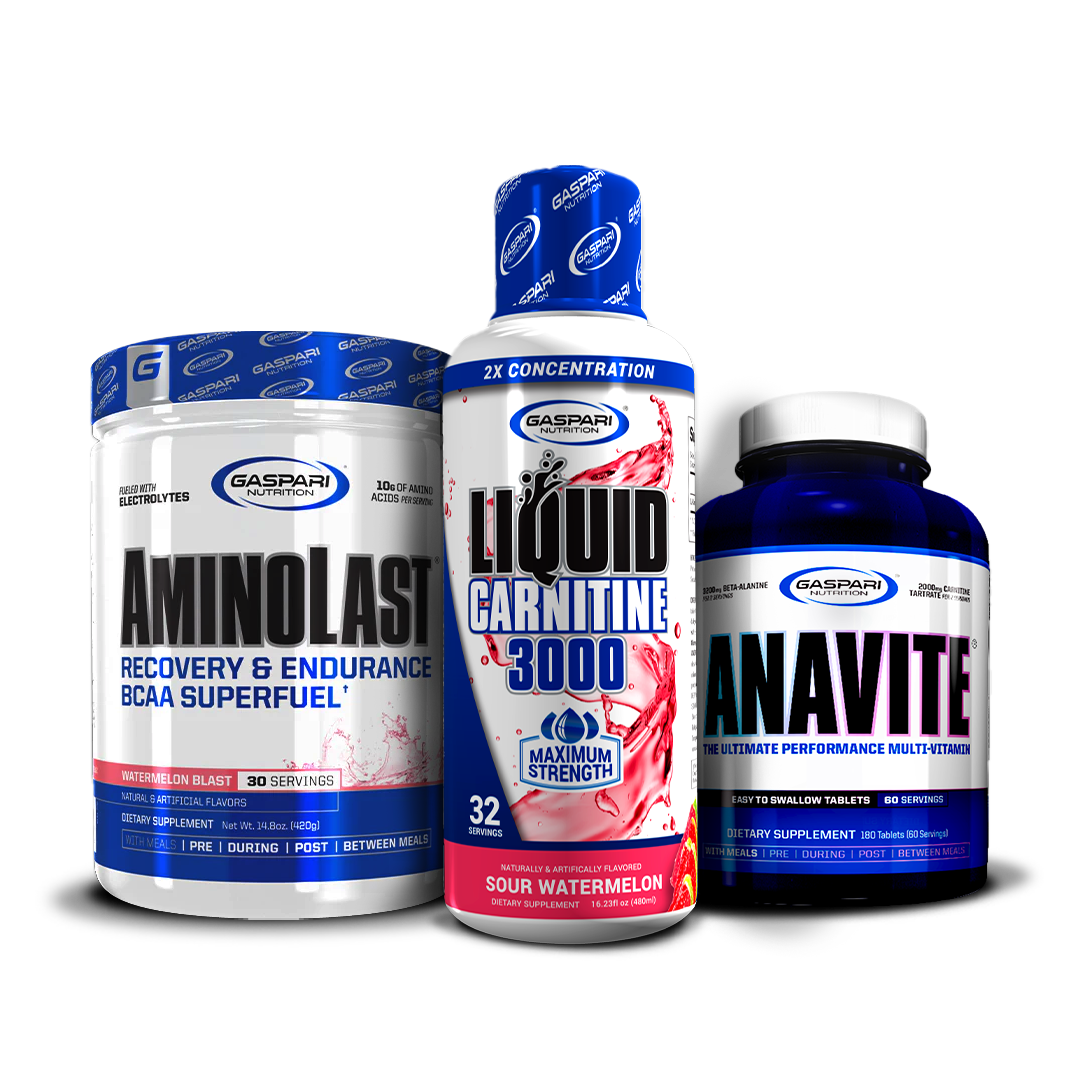 A vibrant display of the Kick Back & Burn Fat Stack including AminoLast BCAA Superfuel, Liquid Carnitine 3000 in various flavors, and Anavite Multi-Vitamin.