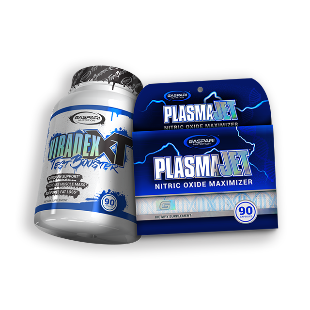 Gaspari Nutrition Lean Growth Stack featuring Viridex XT testosterone booster and PlasmaJet nitric oxide maximizer packaged together, showcasing the supplement bottles with nutritional benefits highlighted.