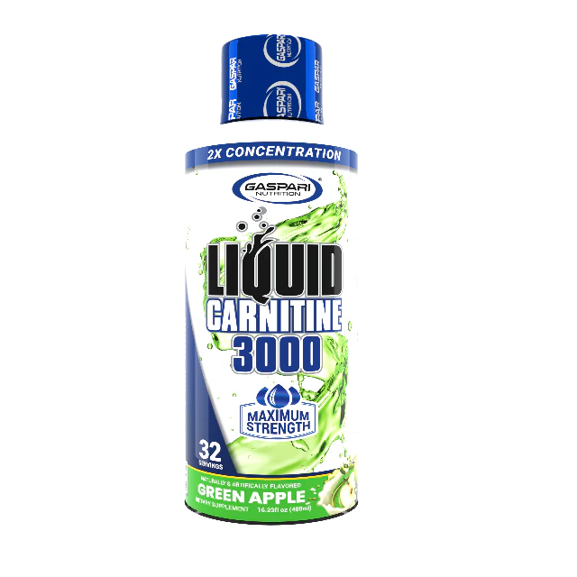Bottle of Liquid Carnitine 3000 in Green Apple flavor by Gaspari Nutrition, highlighting maximum strength and 32 servings.