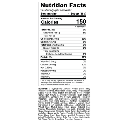 Nutritional facts label for MyoFusion Advanced Protein highlighting calories, protein content, and ingredient details.