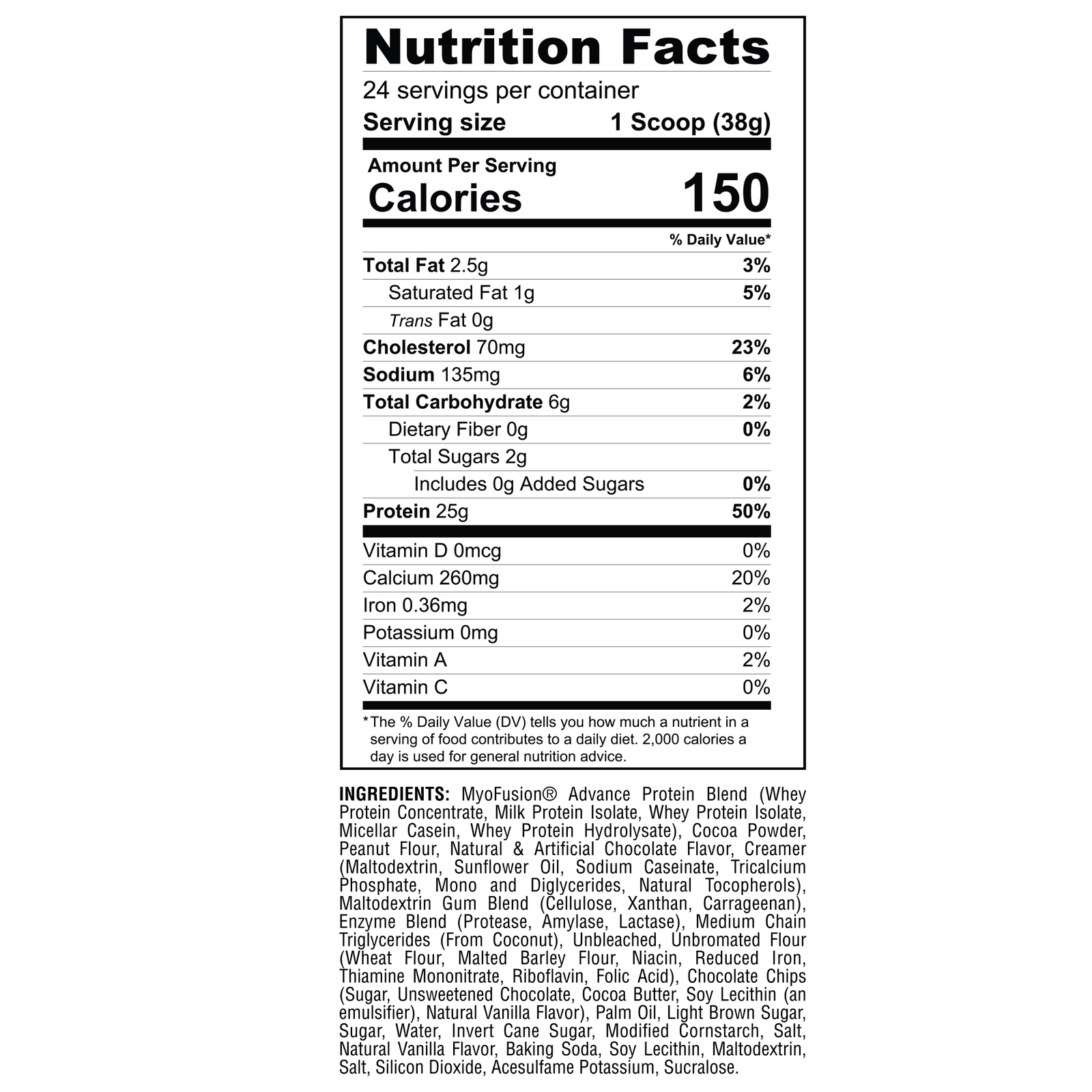 Nutritional facts label for MyoFusion Advanced Protein highlighting calories, protein content, and ingredient details.