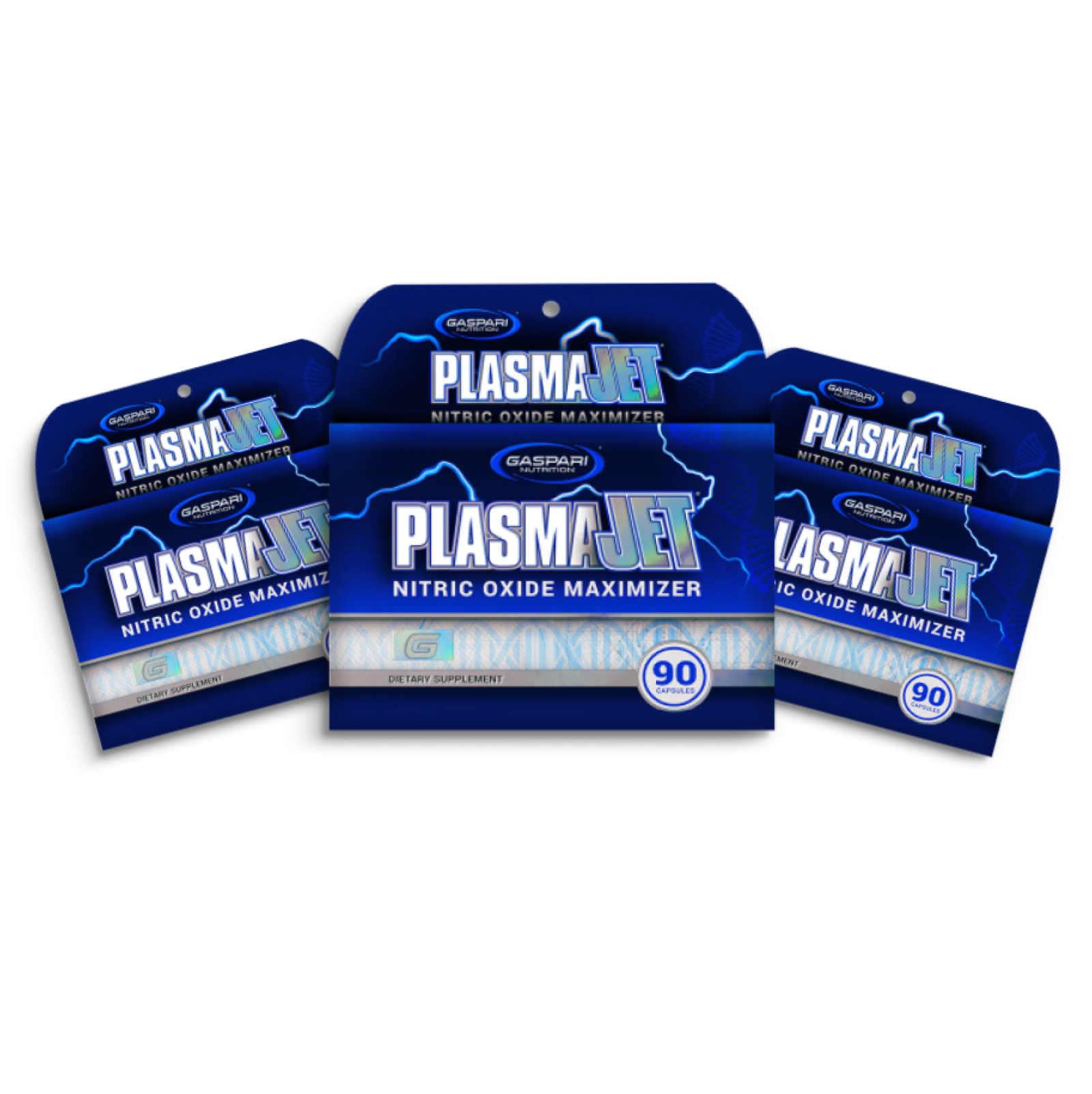 Three-pack of Gaspari Nutrition PlasmaJet Nitric Oxide Maximizer supplement, featuring bold blue packaging with the product name and dosage details prominently displayed.