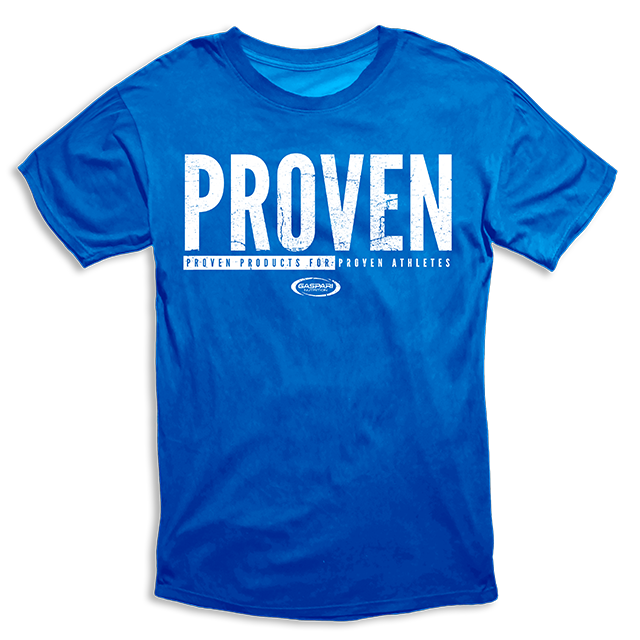 Men's blue 'PROVEN' t-shirt by Gaspari Nutrition, showcasing a striking white logo that states 'PROVEN PRODUCTS FOR PROVEN ATHLETES.' Made with comfortable fabric, ideal for athletes and casual wear.