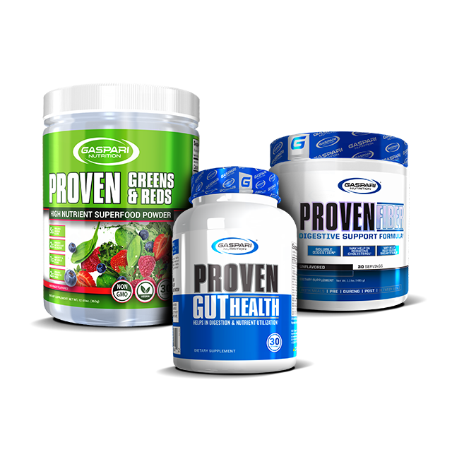 Gaspari Nutrition Proven Digestive Support Stack featuring three products: Proven Greens & Reds superfood powder, Proven Gut Health capsules, and Proven Fiber digestive support formula, all on a clean white background.