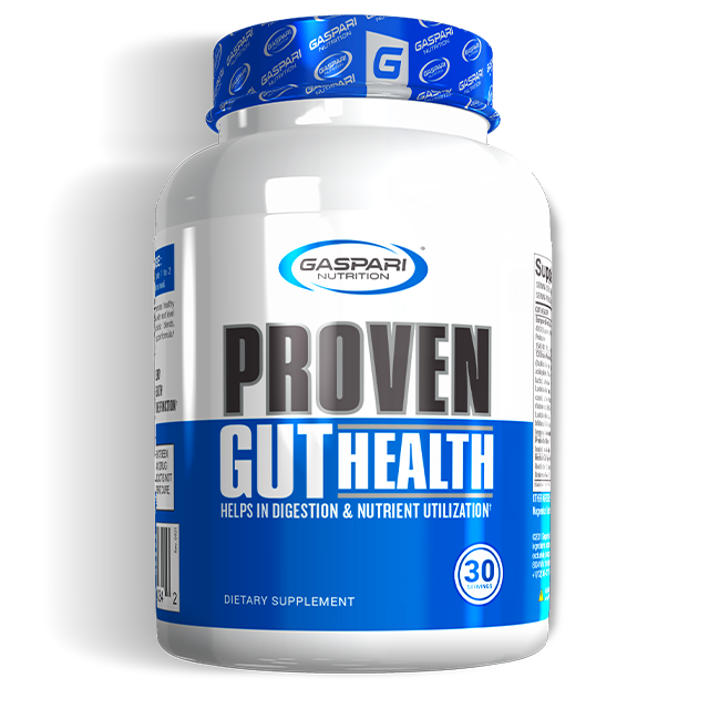 Close-up of Gaspari Nutrition Proven Gut Health bottle, highlighting the label that emphasizes its benefits for digestion and nutrient utilization.