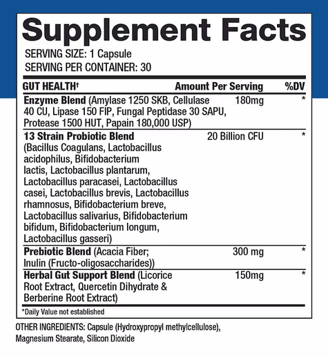 Supplement facts label for Gaspari Nutrition Proven Gut Health, detailing the enzyme blend, probiotic strains, prebiotic ingredients, and herbal gut support components.