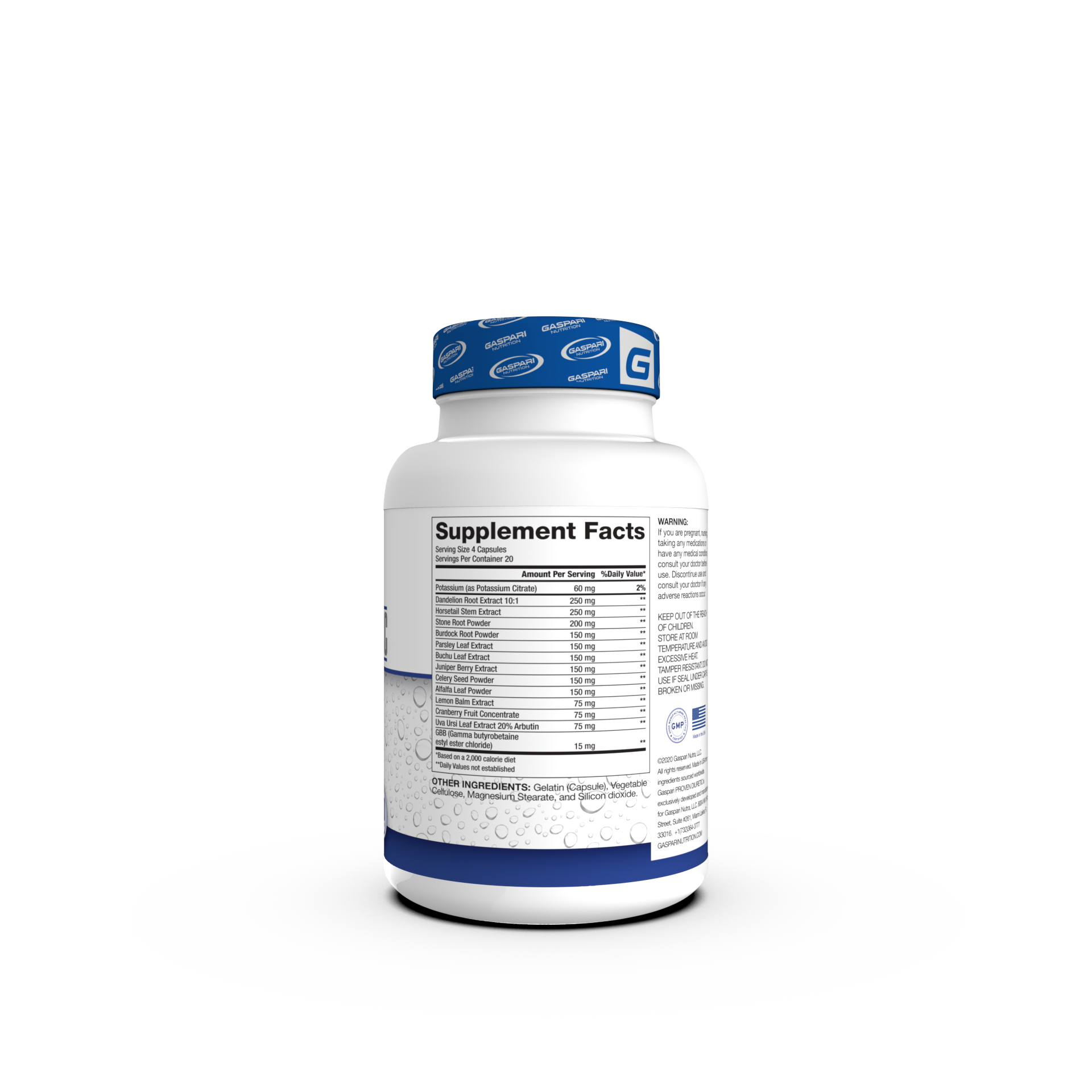 Gaspari Nutrition Proven Diuretic Water Pills supplement bottle, featuring a sleek white and blue design, highlighting benefits like 'Helps achieve that dry look,' 'No cramping,' and 'Natural ingredients.' Contains 80 capsules.