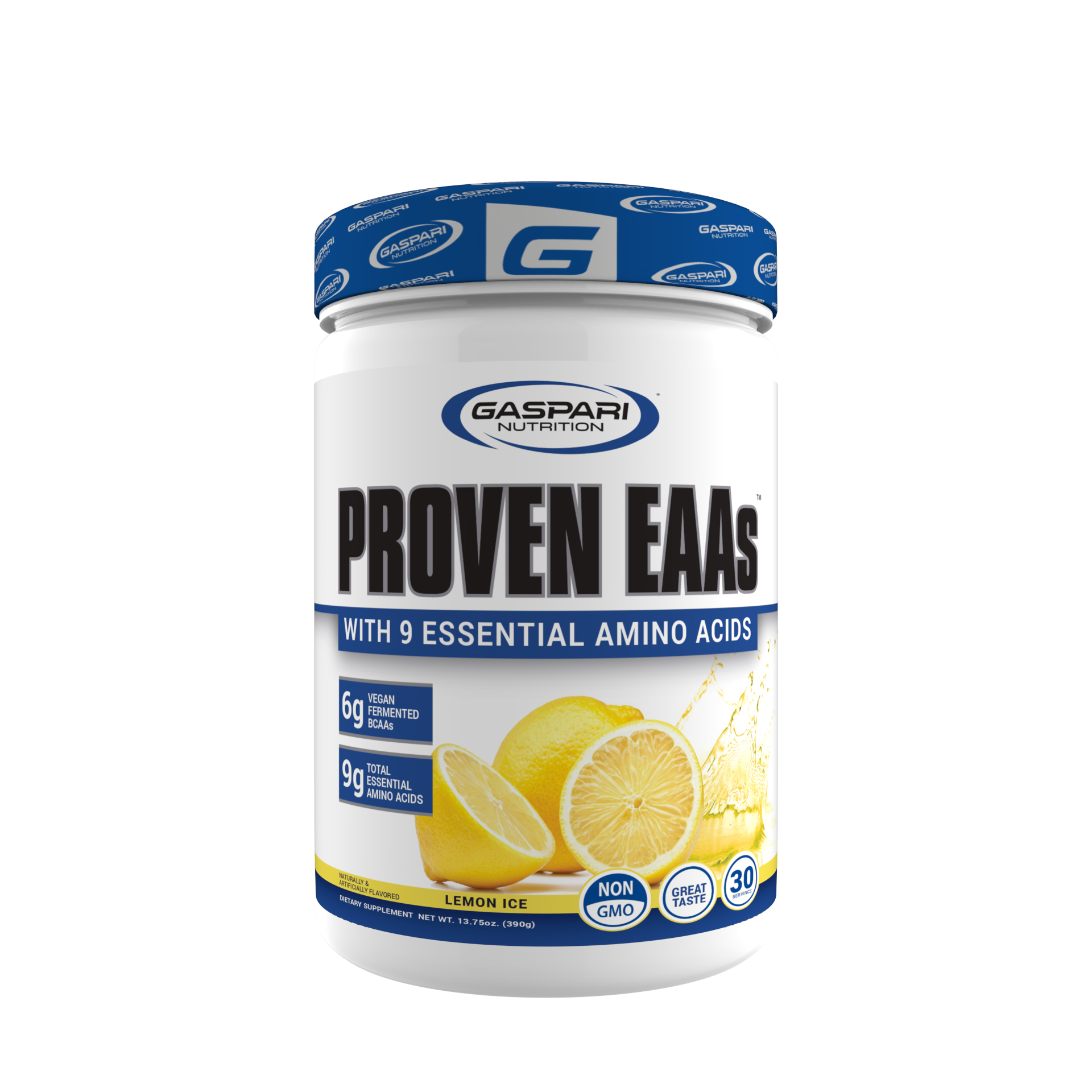 Gaspari Nutrition Proven EAAs supplement in Lemon Ice flavor, featuring 9 essential amino acids and vegan fermented BCAAs, prominently displayed against a light background.