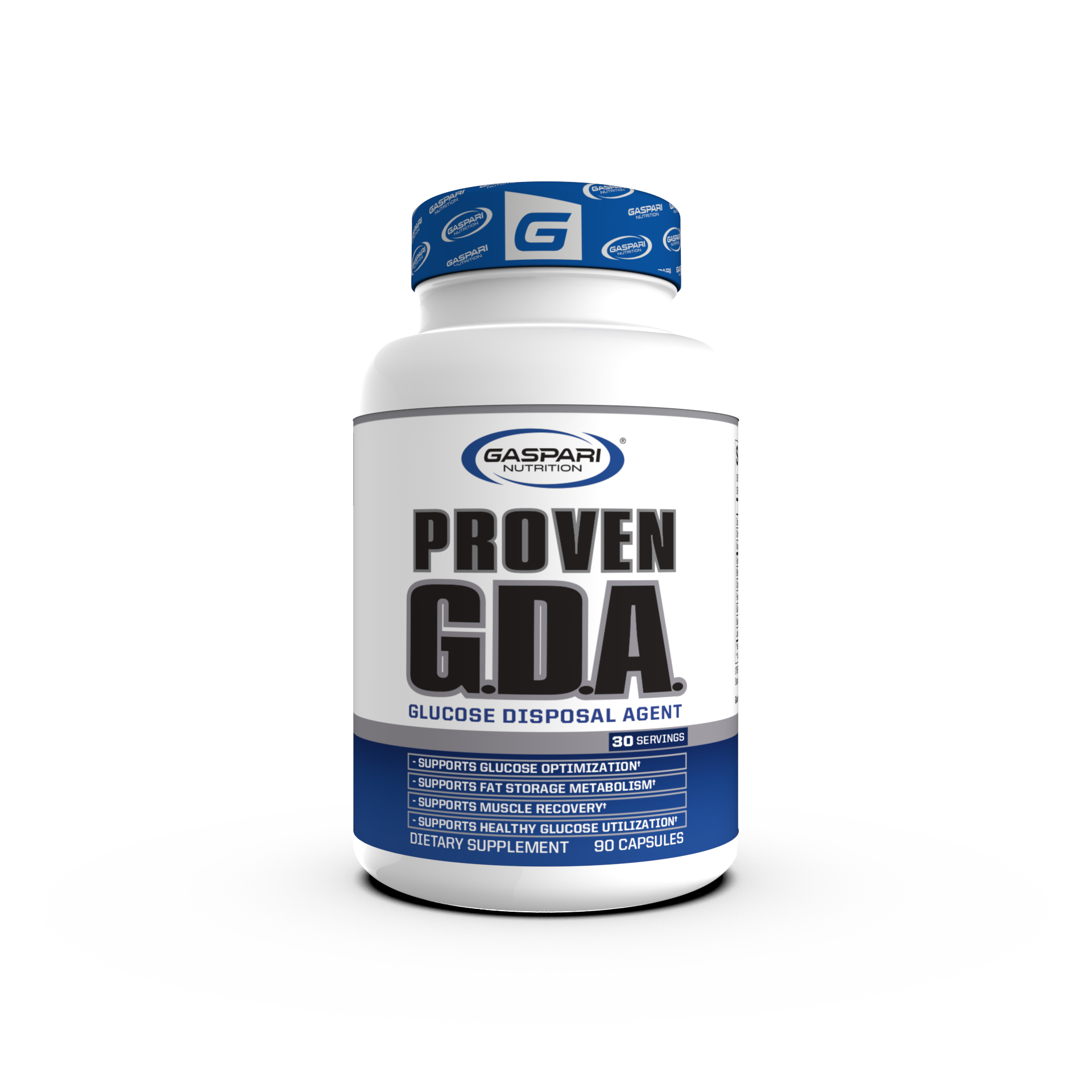 Front view of Gaspari Nutrition's Proven GDA Glucose Disposal Agent supplement bottle, featuring a clean white design and highlighting benefits like muscle recovery and glucose optimization.