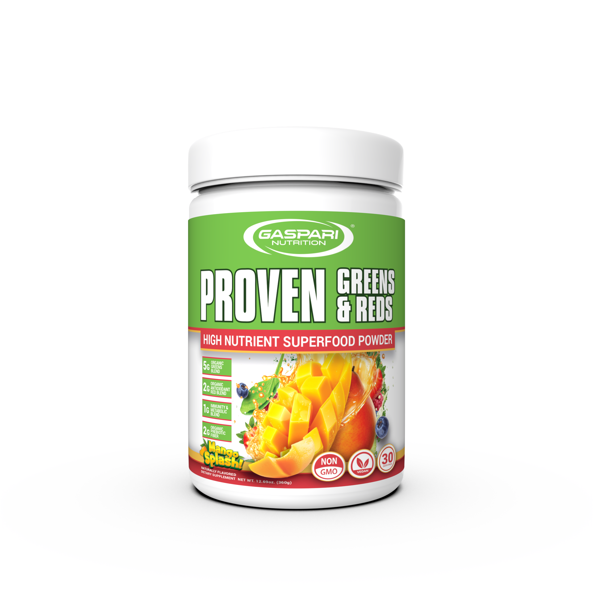 Container of Proven Greens & Reds superfood powder from Gaspari Nutrition, featuring vibrant mango and berry graphics on the label, showcasing its high nutrient content.