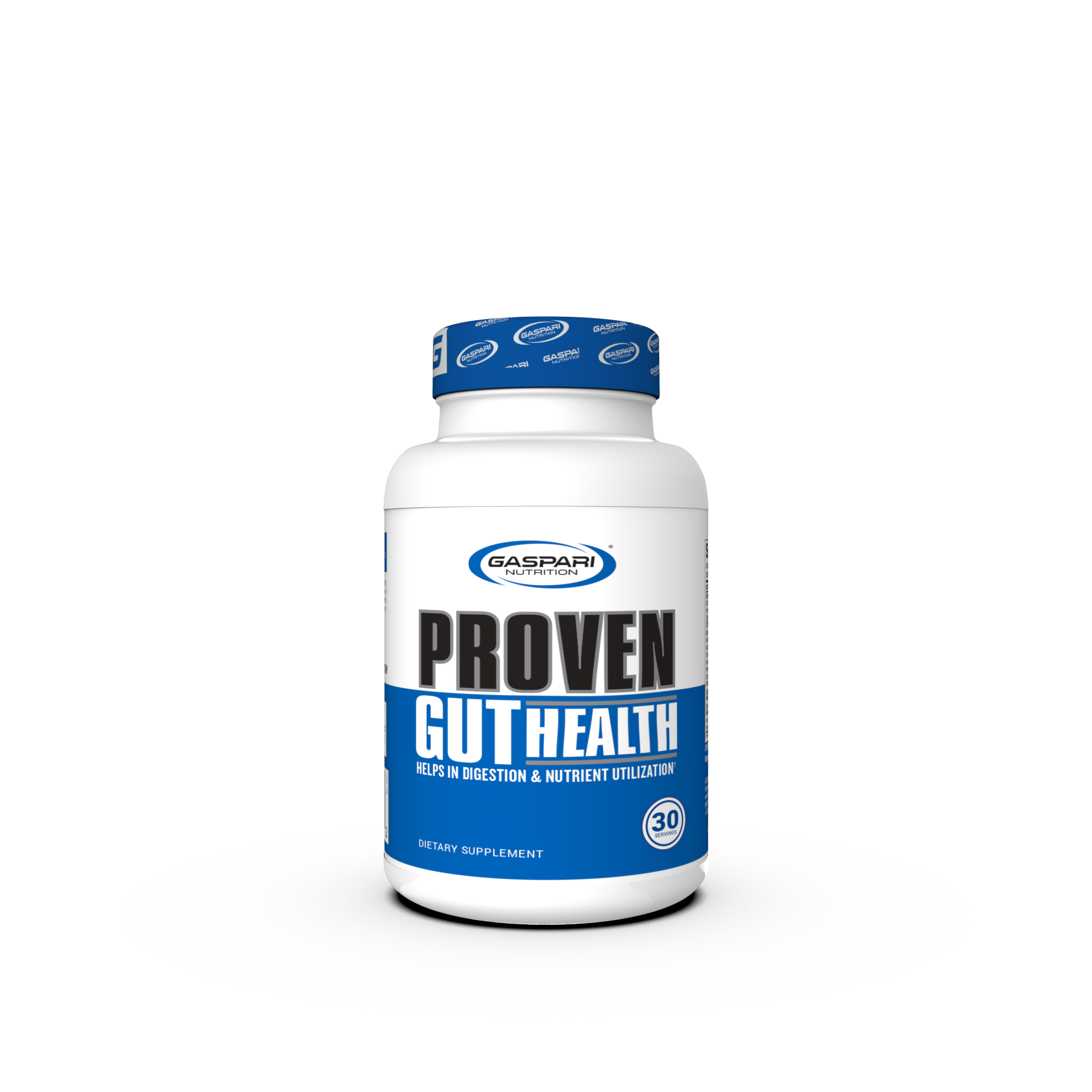 Gaspari Nutrition Proven Gut Health dietary supplement bottle with a white background, showcasing the product's label and logo.