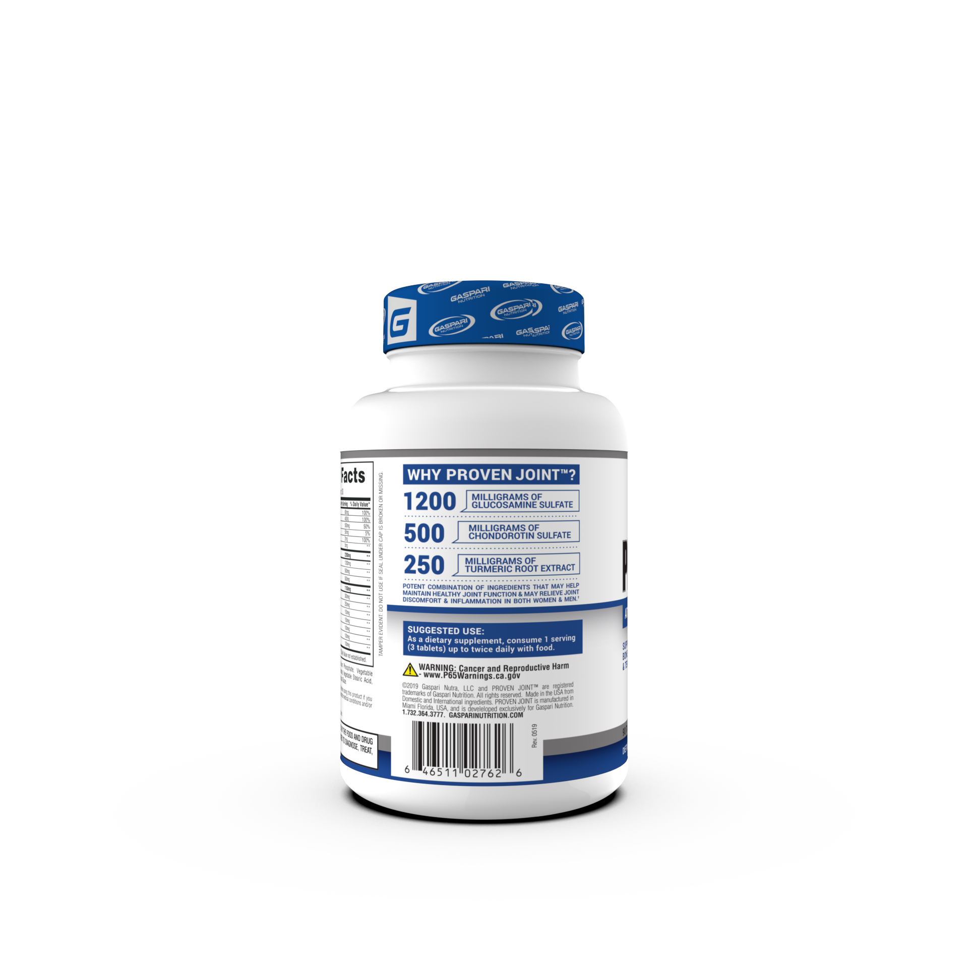 Side view of Gaspari Nutrition PROVEN JOINT supplement bottle highlighting key ingredients and their dosages such as glucosamine and turmeric.