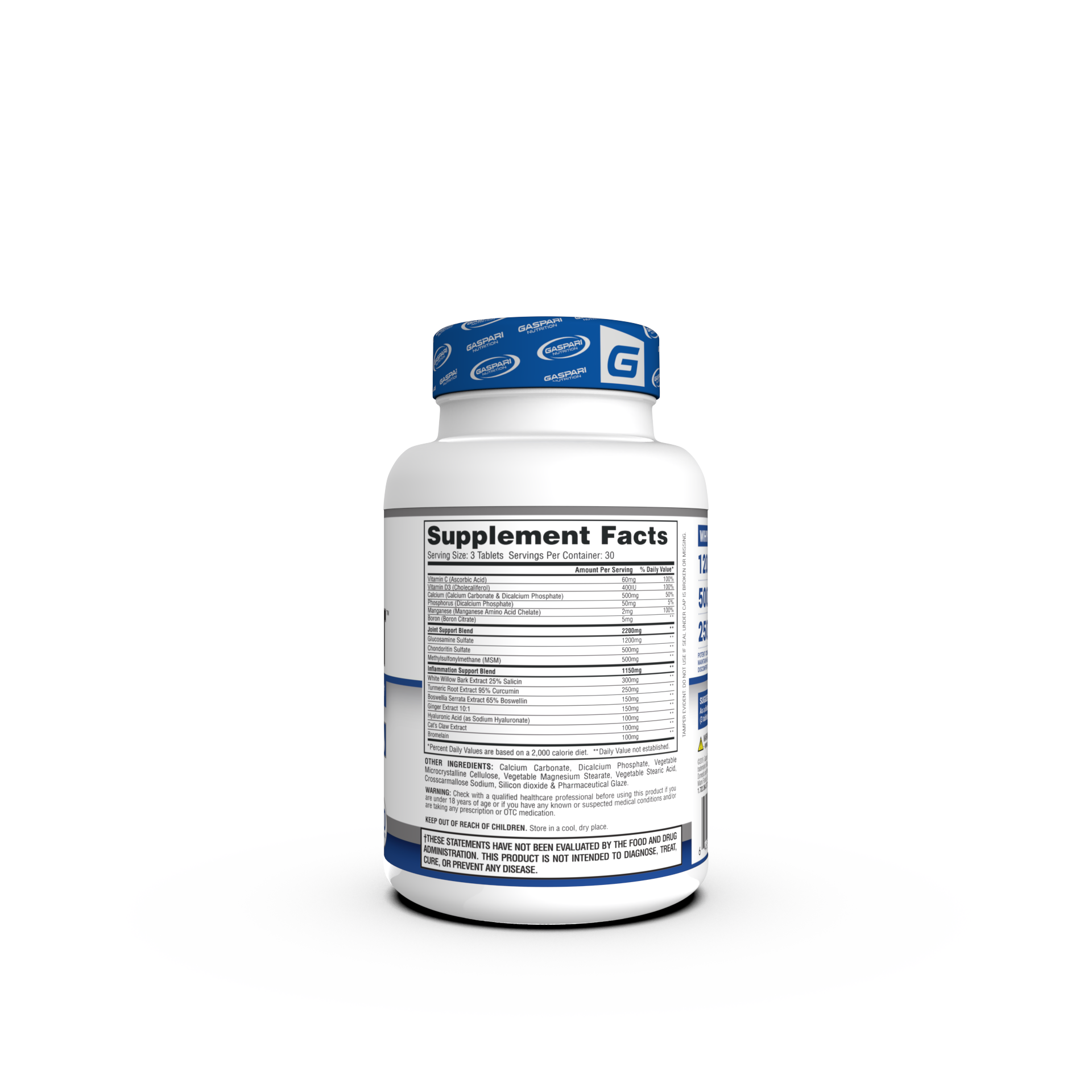 Back view of Gaspari Nutrition PROVEN JOINT supplement bottle showcasing detailed supplement facts and ingredient list.