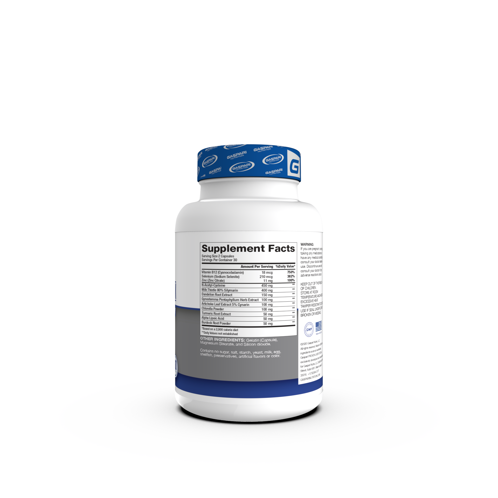 Side view of the Proven Liver DTOX supplement bottle with a clear label showing nutritional information and ingredients list.