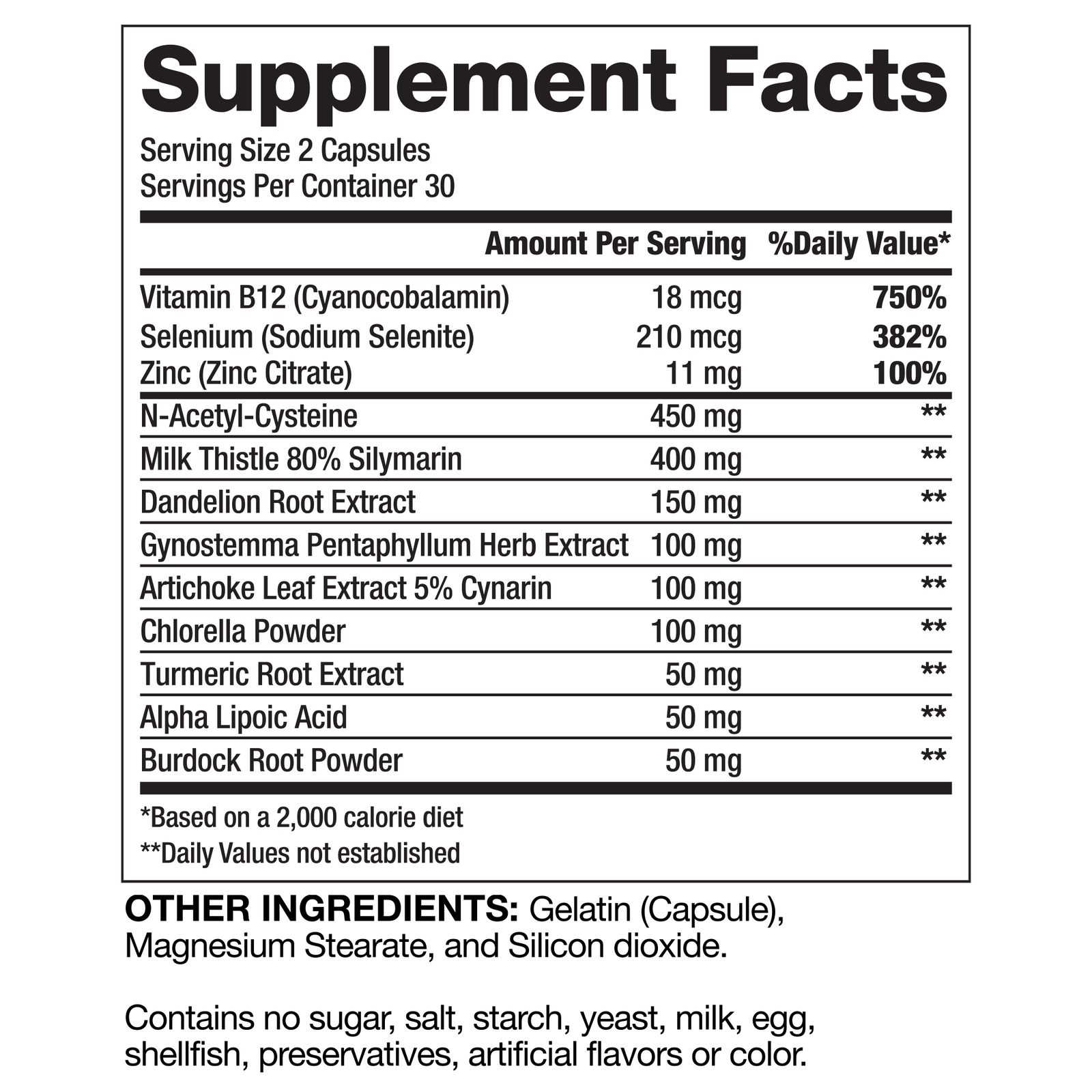 Detailed supplement facts label for Proven Liver DTOX, highlighting key ingredients and their amounts per serving.