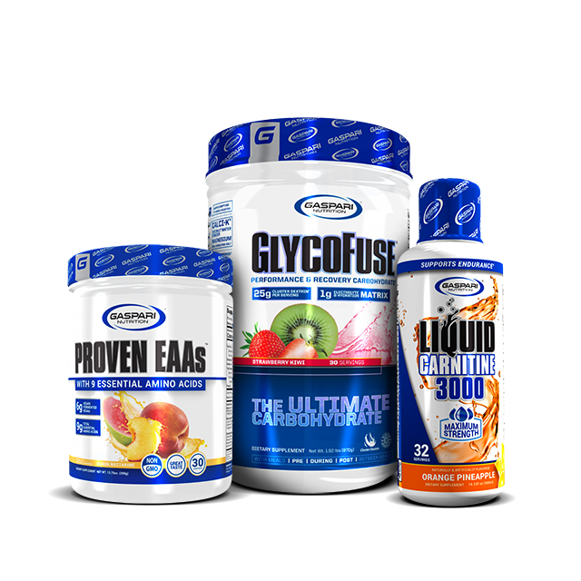 Proven Precision TacStack products including Proven EAAs, GlycoFuse, and Liquid L-Carnitine 3000 arranged in a dynamic stacked display.