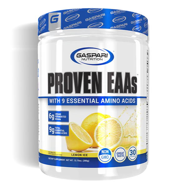 Proven EAAs supplement by Gaspari Nutrition featuring 9 essential amino acids with a vibrant lemon ice flavor.