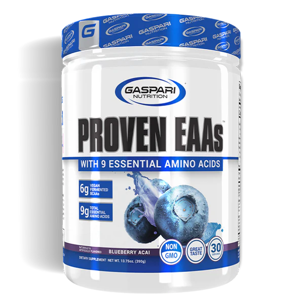 Proven EAAs supplement in blueberry acai flavor showcasing the packaging with benefits prominently featured.