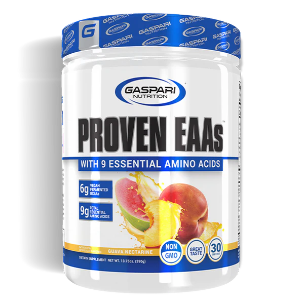 Proven EAAs supplement in guava nectarine flavor highlighted with clear graphics on the container.