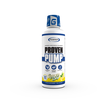 Bottle of Proven Pump by Gaspari Nutrition featuring a lemon drop flavor, designed as an advanced liquid muscle volumizer for fitness enthusiasts.