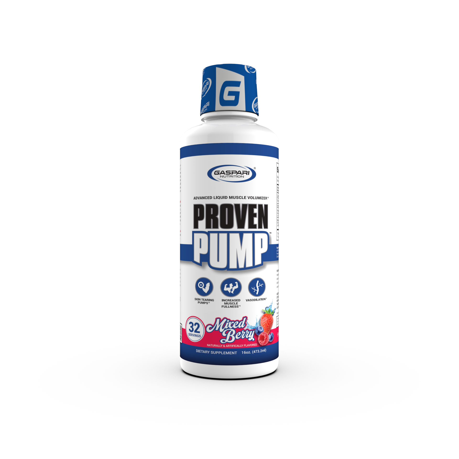 Bottle of Proven Pump by Gaspari Nutrition featuring a mixed berry flavor, designed as a liquid muscle volumizer.