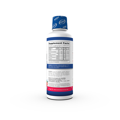 Back view of the mixed berry flavor Proven Pump bottle, displaying the supplement facts and ingredient details.