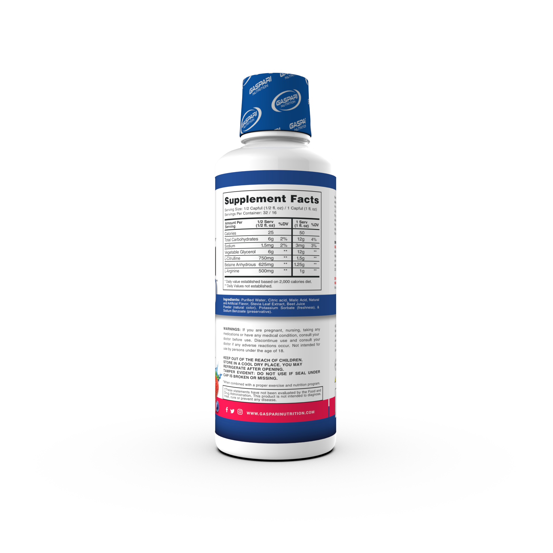 Back view of the mixed berry flavor Proven Pump bottle, displaying the supplement facts and ingredient details.