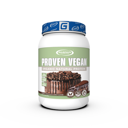Container of PROVEN VEGAN Organic Natural Protein by Gaspari Nutrition, featuring Double Chocolate Cake flavor, showcasing a delicious chocolate cake slice on the front.
