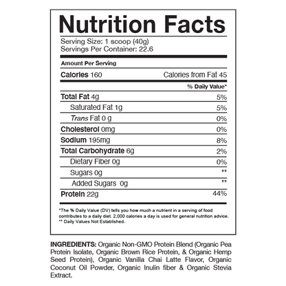 Nutrition facts label for PROVEN VEGAN protein powder, detailing serving size, calories, fat content, protein amount, and ingredient list, all on a clean white background.