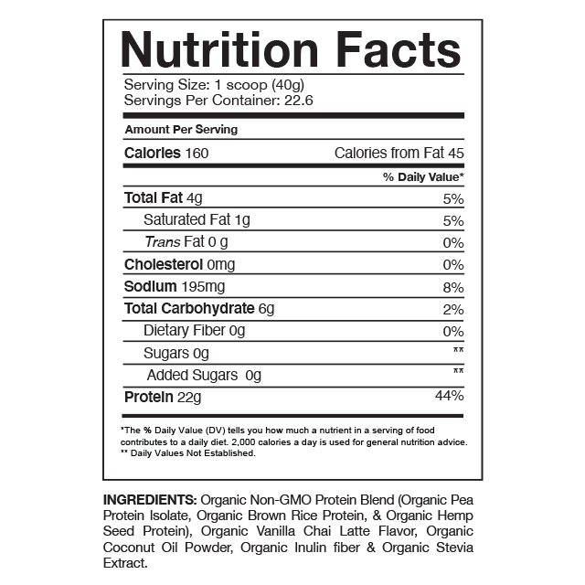 Nutrition facts label for PROVEN VEGAN protein powder, detailing serving size, calories, fat content, protein amount, and ingredient list, all on a clean white background.