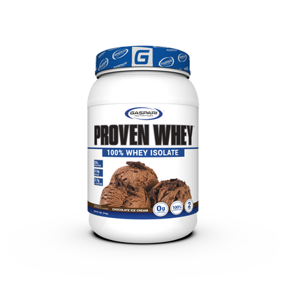 Container of PROVEN WHEY Chocolate Ice Cream flavor by Gaspari Nutrition featuring 25g protein and 0g lactose.