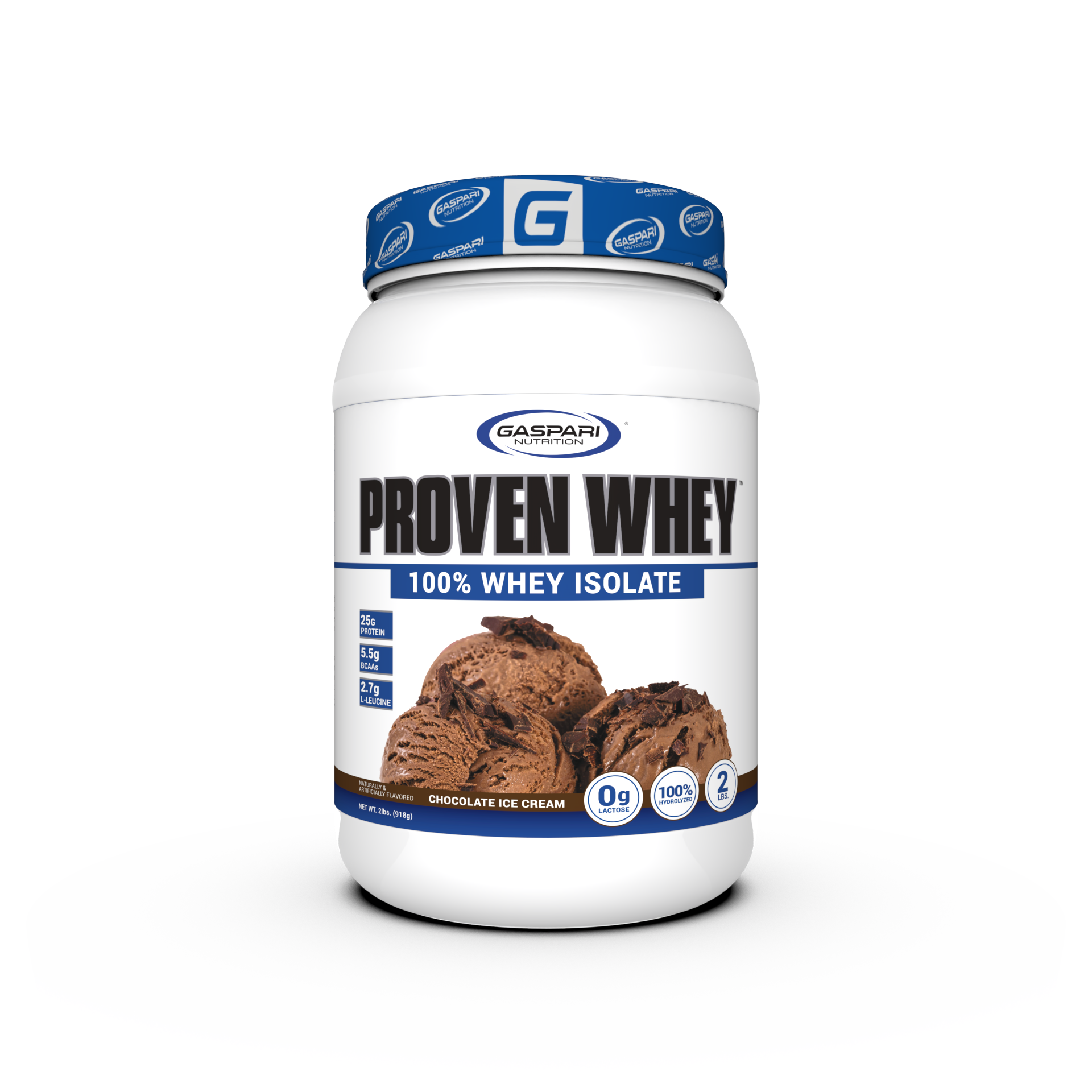 Container of PROVEN WHEY Chocolate Ice Cream flavor by Gaspari Nutrition featuring 25g protein and 0g lactose.