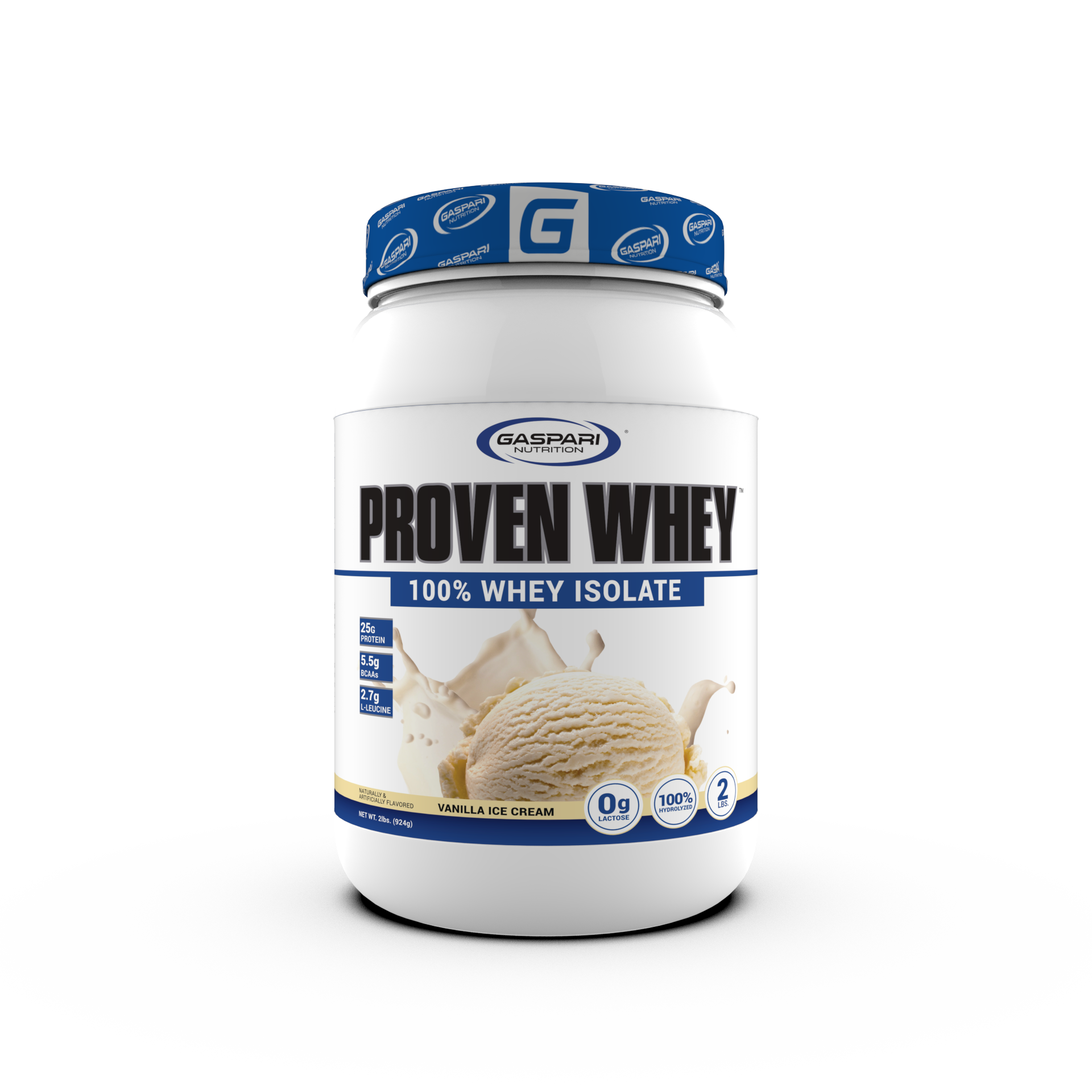 Side view of a PROVEN WHEY Vanilla Ice Cream flavor container featuring nutritional values and suggested use.